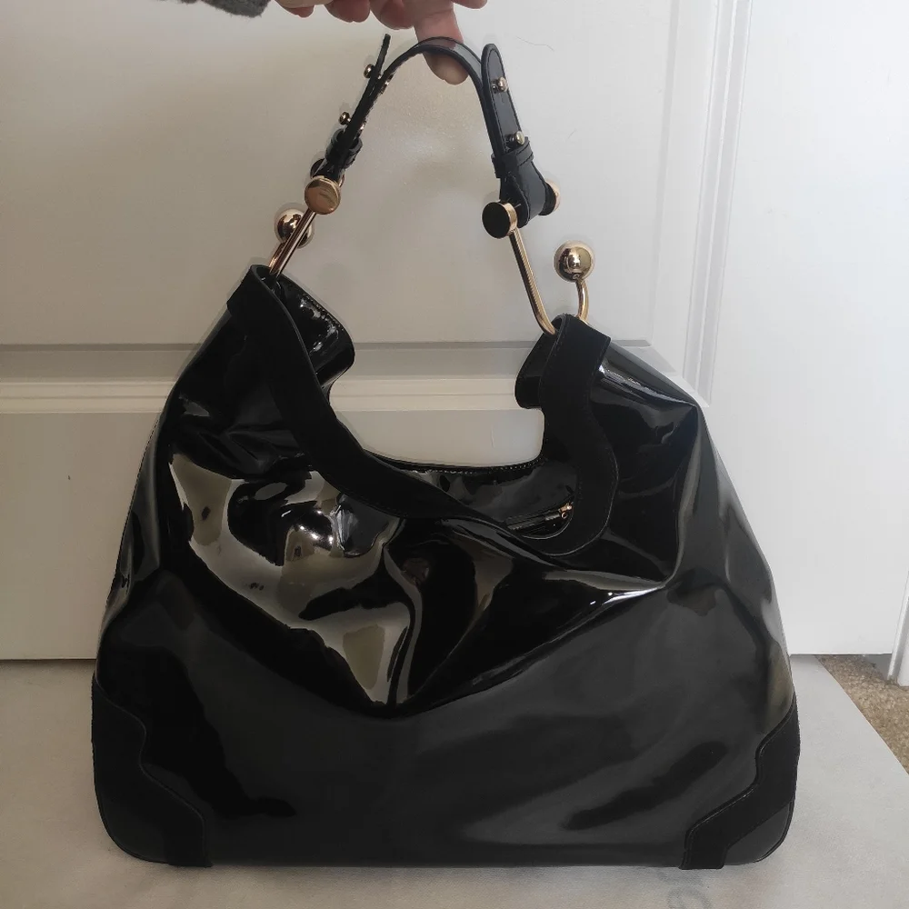 Anya Hindmarch Black Patent Leather Lautner Hobo